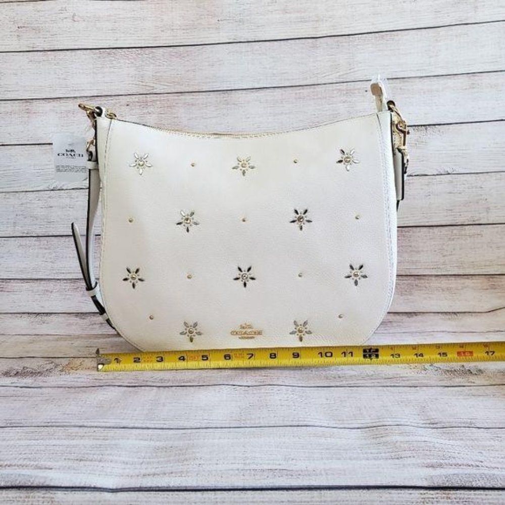 Coach Studded Elle Hobo Refined Pebble Leather Shoulder Crossbody Handbag Chalk - Picture 10 of 15